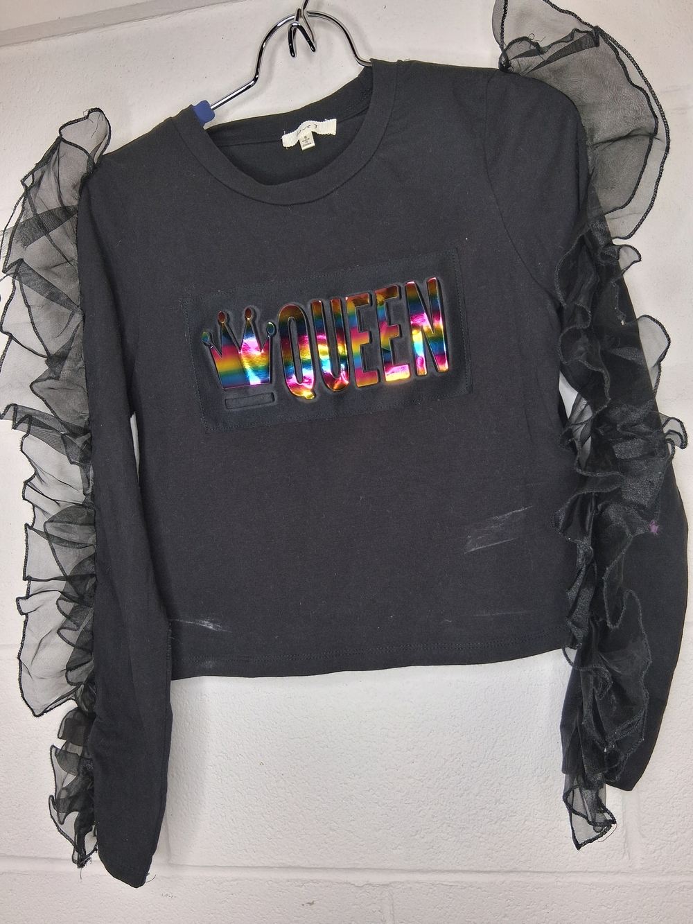 Love Black Long-Sleeve 'QUEEN' Top with Rainbow Holographic Logo